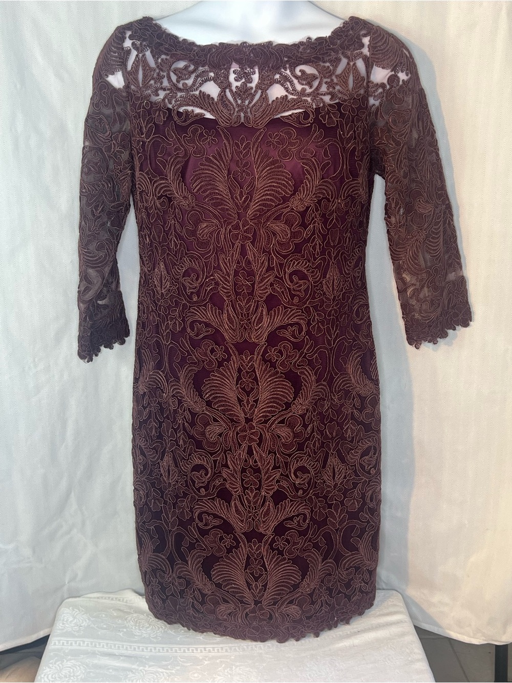 Tadashi Shoji Dress Cocktail Lace Illusion Yoke & 3/4 Sleeves Blackberry 16 👍